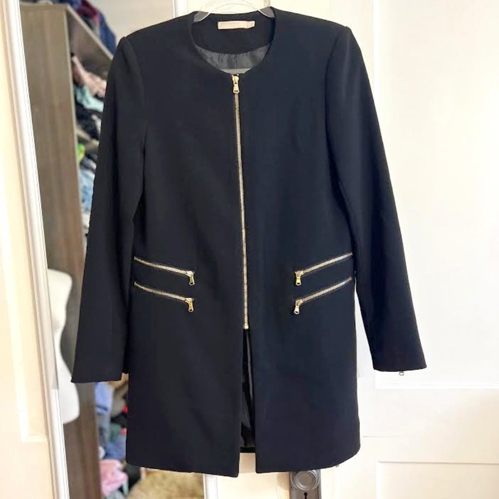 Women's Long Zip-Front Coat with Gold Zipper Detail - Black